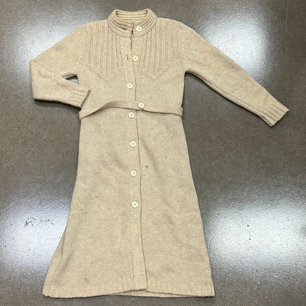 Vintage Shetland Wool Button Cardigan Beige Mock Neck Belt M Needs dry clean